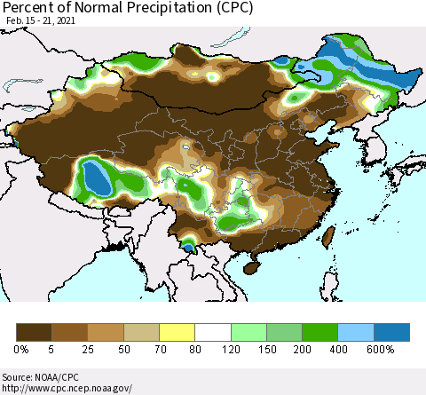 China, Mongolia and Taiwan Percent of Normal Precipitation (CPC) Thematic Map For 2/15/2021 - 2/21/2021