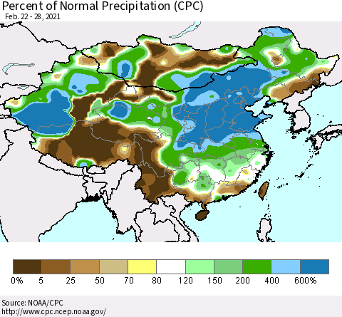 China and Taiwan Percent of Normal Precipitation (CPC) Thematic Map For 2/22/2021 - 2/28/2021