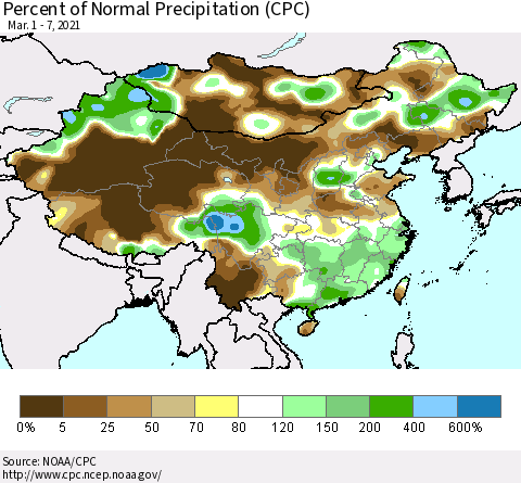 China, Mongolia and Taiwan Percent of Normal Precipitation (CPC) Thematic Map For 3/1/2021 - 3/7/2021