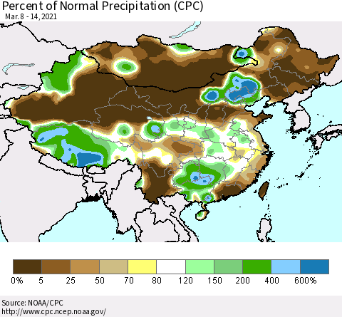 China and Taiwan Percent of Normal Precipitation (CPC) Thematic Map For 3/8/2021 - 3/14/2021