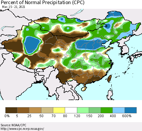 China and Taiwan Percent of Normal Precipitation (CPC) Thematic Map For 3/15/2021 - 3/21/2021