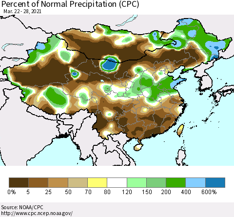 China and Taiwan Percent of Normal Precipitation (CPC) Thematic Map For 3/22/2021 - 3/28/2021