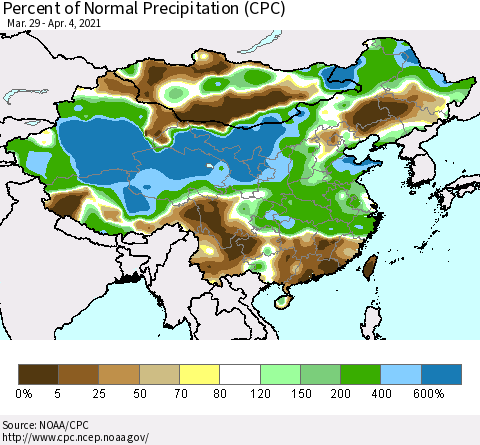 China, Mongolia and Taiwan Percent of Normal Precipitation (CPC) Thematic Map For 3/29/2021 - 4/4/2021