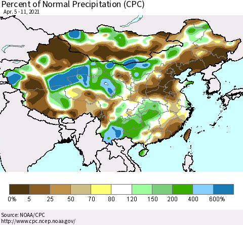 China and Taiwan Percent of Normal Precipitation (CPC) Thematic Map For 4/5/2021 - 4/11/2021