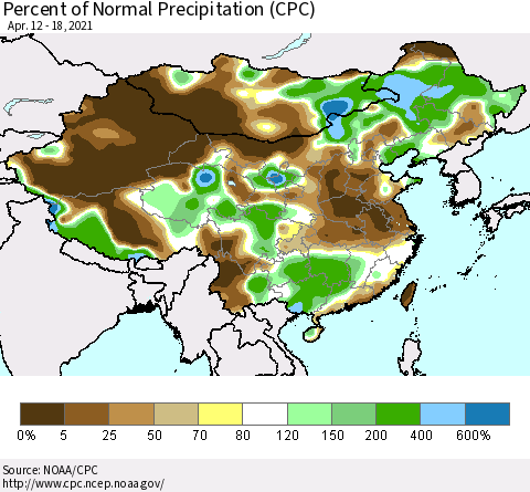 China and Taiwan Percent of Normal Precipitation (CPC) Thematic Map For 4/12/2021 - 4/18/2021