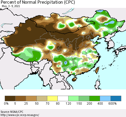 China, Mongolia and Taiwan Percent of Normal Precipitation (CPC) Thematic Map For 5/3/2021 - 5/9/2021