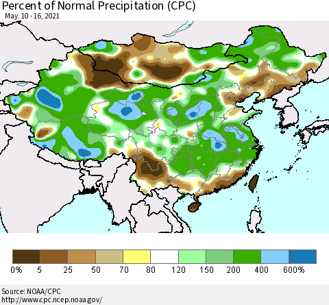 China and Taiwan Percent of Normal Precipitation (CPC) Thematic Map For 5/10/2021 - 5/16/2021
