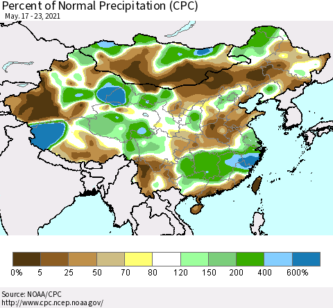 China and Taiwan Percent of Normal Precipitation (CPC) Thematic Map For 5/17/2021 - 5/23/2021