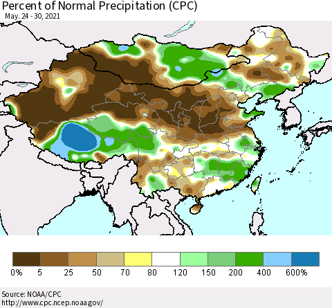 China, Mongolia and Taiwan Percent of Normal Precipitation (CPC) Thematic Map For 5/24/2021 - 5/30/2021