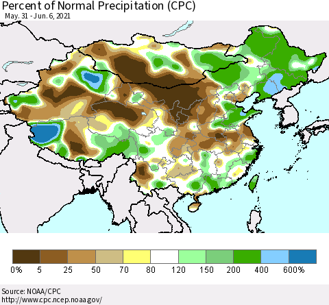 China, Mongolia and Taiwan Percent of Normal Precipitation (CPC) Thematic Map For 5/31/2021 - 6/6/2021
