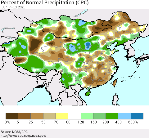 China and Taiwan Percent of Normal Precipitation (CPC) Thematic Map For 6/7/2021 - 6/13/2021