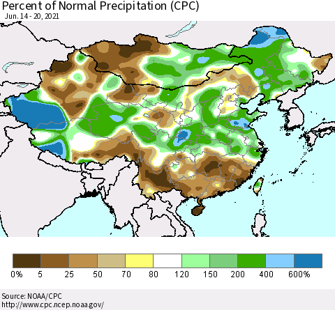 China and Taiwan Percent of Normal Precipitation (CPC) Thematic Map For 6/14/2021 - 6/20/2021