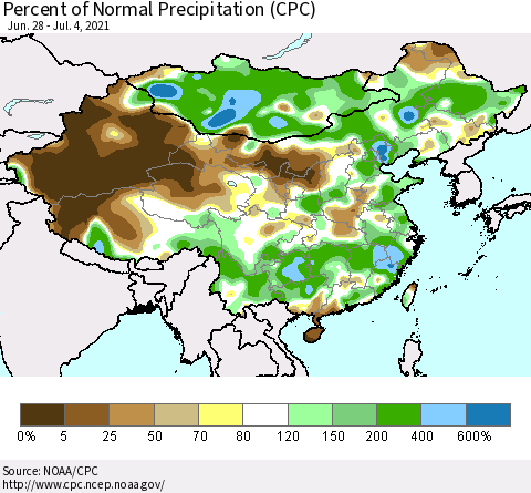 China and Taiwan Percent of Normal Precipitation (CPC) Thematic Map For 6/28/2021 - 7/4/2021