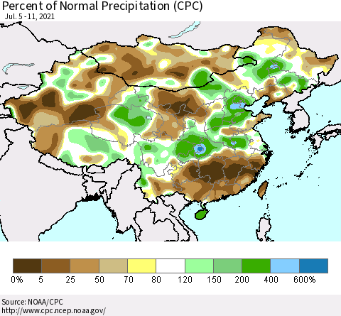 China, Mongolia and Taiwan Percent of Normal Precipitation (CPC) Thematic Map For 7/5/2021 - 7/11/2021