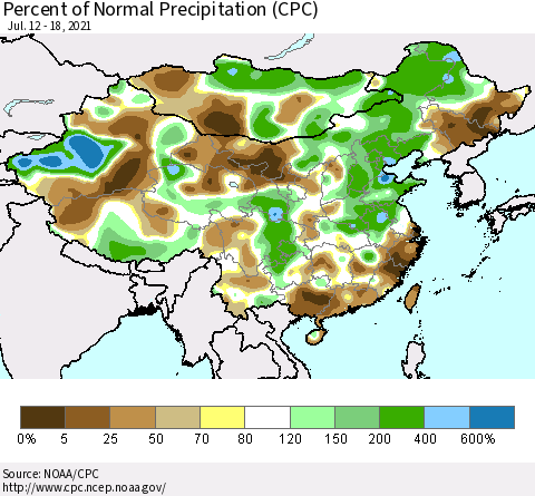 China, Mongolia and Taiwan Percent of Normal Precipitation (CPC) Thematic Map For 7/12/2021 - 7/18/2021