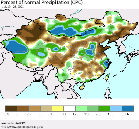 China, Mongolia and Taiwan Percent of Normal Precipitation (CPC) Thematic Map For 7/19/2021 - 7/25/2021