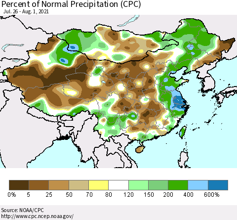 China, Mongolia and Taiwan Percent of Normal Precipitation (CPC) Thematic Map For 7/26/2021 - 8/1/2021