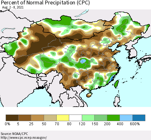 China, Mongolia and Taiwan Percent of Normal Precipitation (CPC) Thematic Map For 8/2/2021 - 8/8/2021
