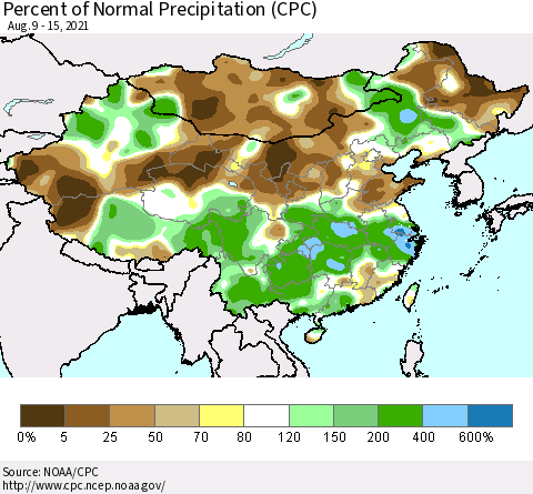China, Mongolia and Taiwan Percent of Normal Precipitation (CPC) Thematic Map For 8/9/2021 - 8/15/2021