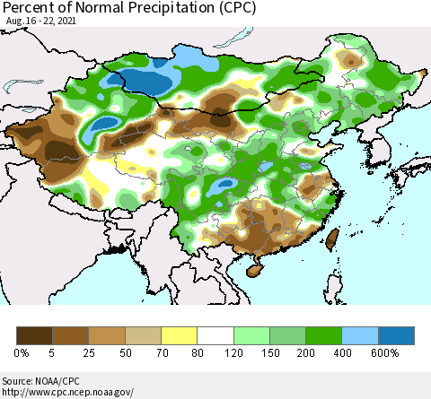 China, Mongolia and Taiwan Percent of Normal Precipitation (CPC) Thematic Map For 8/16/2021 - 8/22/2021
