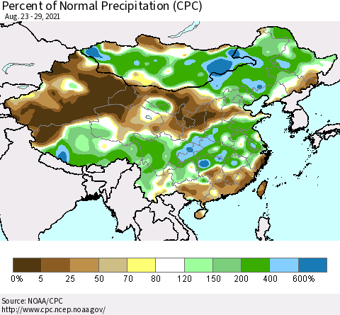China, Mongolia and Taiwan Percent of Normal Precipitation (CPC) Thematic Map For 8/23/2021 - 8/29/2021