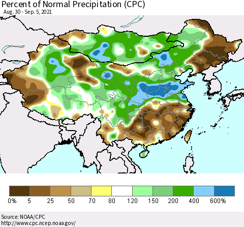 China, Mongolia and Taiwan Percent of Normal Precipitation (CPC) Thematic Map For 8/30/2021 - 9/5/2021