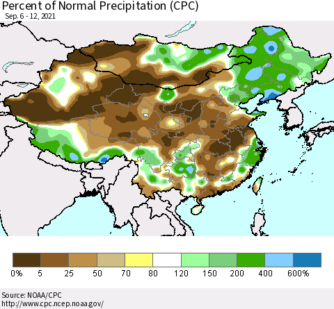 China, Mongolia and Taiwan Percent of Normal Precipitation (CPC) Thematic Map For 9/6/2021 - 9/12/2021