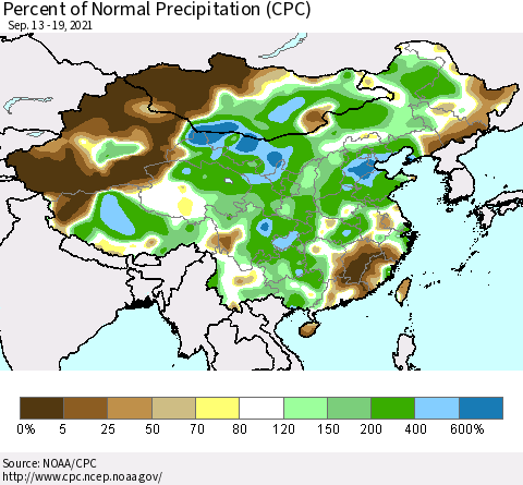 China and Taiwan Percent of Normal Precipitation (CPC) Thematic Map For 9/13/2021 - 9/19/2021