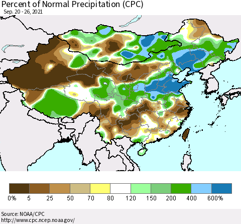 China and Taiwan Percent of Normal Precipitation (CPC) Thematic Map For 9/20/2021 - 9/26/2021