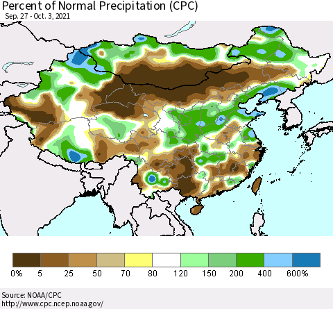 China and Taiwan Percent of Normal Precipitation (CPC) Thematic Map For 9/27/2021 - 10/3/2021