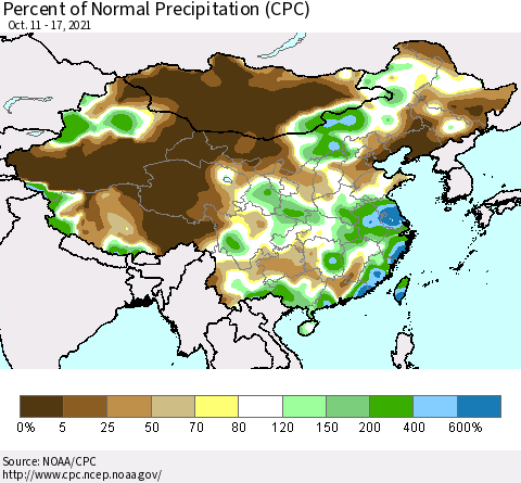 China, Mongolia and Taiwan Percent of Normal Precipitation (CPC) Thematic Map For 10/11/2021 - 10/17/2021