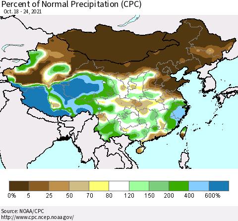 China and Taiwan Percent of Normal Precipitation (CPC) Thematic Map For 10/18/2021 - 10/24/2021