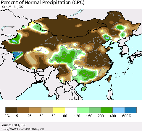 China, Mongolia and Taiwan Percent of Normal Precipitation (CPC) Thematic Map For 10/25/2021 - 10/31/2021