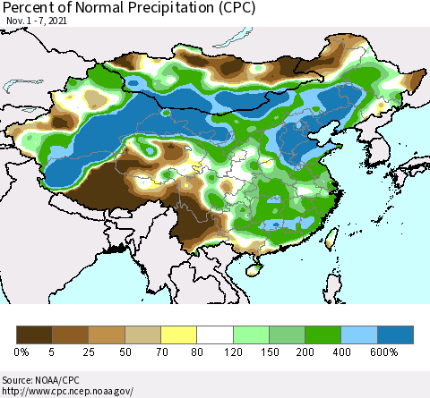 China, Mongolia and Taiwan Percent of Normal Precipitation (CPC) Thematic Map For 11/1/2021 - 11/7/2021