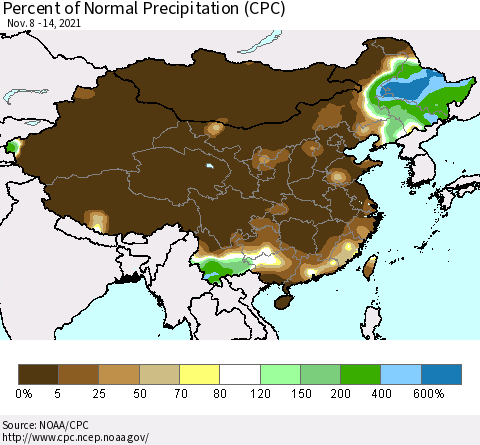 China and Taiwan Percent of Normal Precipitation (CPC) Thematic Map For 11/8/2021 - 11/14/2021