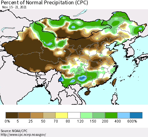 China and Taiwan Percent of Normal Precipitation (CPC) Thematic Map For 11/15/2021 - 11/21/2021