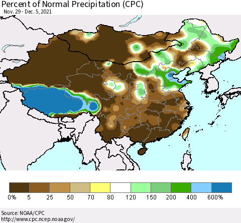China and Taiwan Percent of Normal Precipitation (CPC) Thematic Map For 11/29/2021 - 12/5/2021