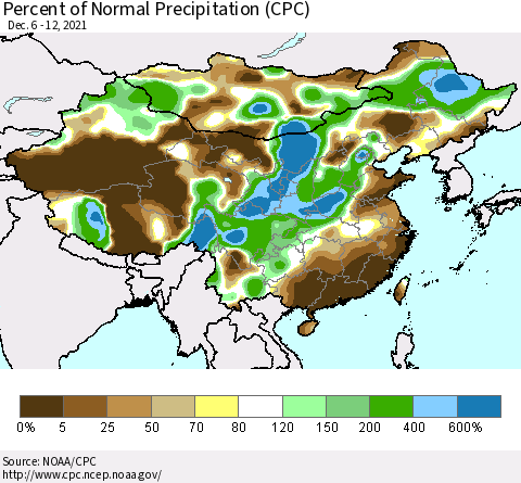 China and Taiwan Percent of Normal Precipitation (CPC) Thematic Map For 12/6/2021 - 12/12/2021