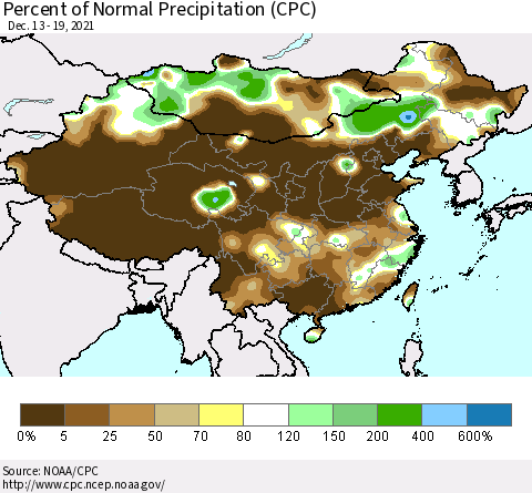 China, Mongolia and Taiwan Percent of Normal Precipitation (CPC) Thematic Map For 12/13/2021 - 12/19/2021