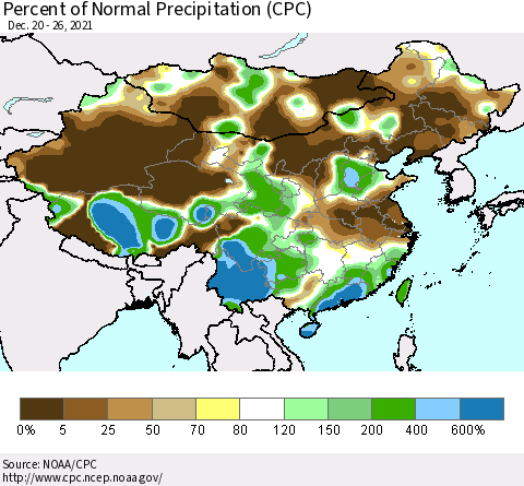 China, Mongolia and Taiwan Percent of Normal Precipitation (CPC) Thematic Map For 12/20/2021 - 12/26/2021