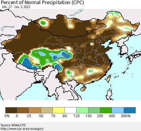 China and Taiwan Percent of Normal Precipitation (CPC) Thematic Map For 12/27/2021 - 1/2/2022