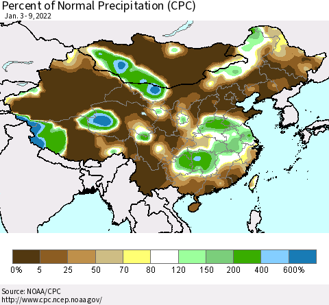 China and Taiwan Percent of Normal Precipitation (CPC) Thematic Map For 1/3/2022 - 1/9/2022