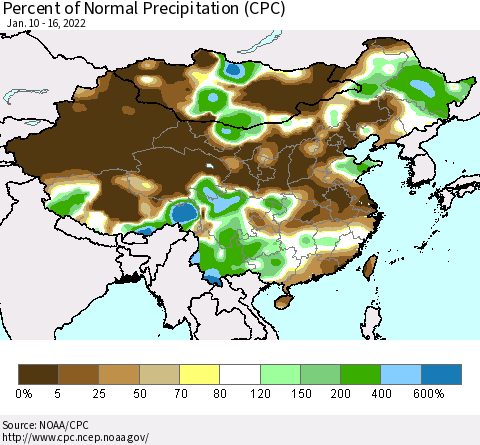 China, Mongolia and Taiwan Percent of Normal Precipitation (CPC) Thematic Map For 1/10/2022 - 1/16/2022