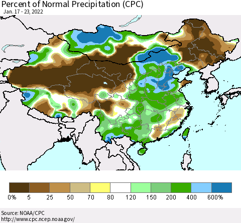 China and Taiwan Percent of Normal Precipitation (CPC) Thematic Map For 1/17/2022 - 1/23/2022