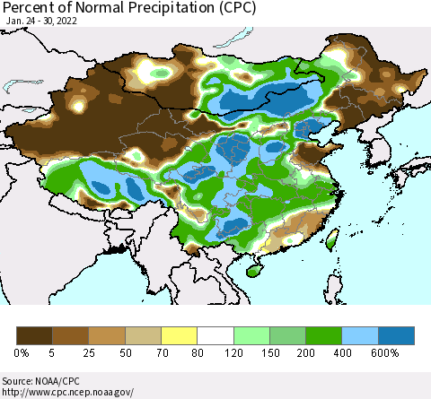 China and Taiwan Percent of Normal Precipitation (CPC) Thematic Map For 1/24/2022 - 1/30/2022