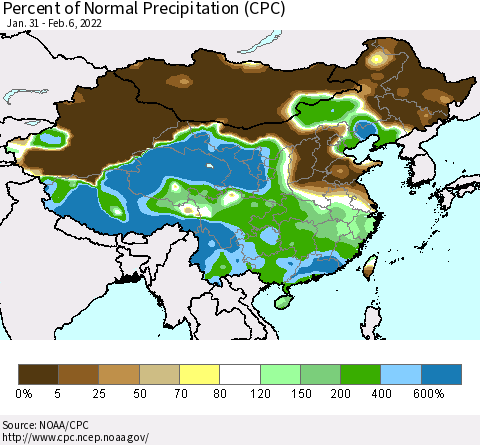 China and Taiwan Percent of Normal Precipitation (CPC) Thematic Map For 1/31/2022 - 2/6/2022