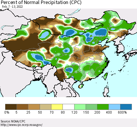 China and Taiwan Percent of Normal Precipitation (CPC) Thematic Map For 2/7/2022 - 2/13/2022