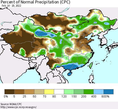 China and Taiwan Percent of Normal Precipitation (CPC) Thematic Map For 2/14/2022 - 2/20/2022