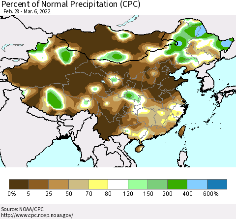 China and Taiwan Percent of Normal Precipitation (CPC) Thematic Map For 2/28/2022 - 3/6/2022