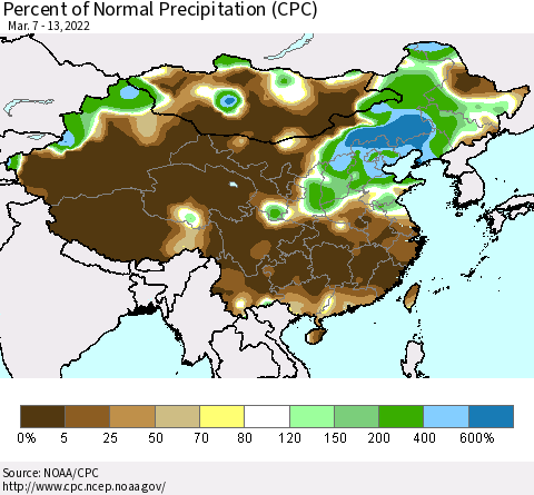 China and Taiwan Percent of Normal Precipitation (CPC) Thematic Map For 3/7/2022 - 3/13/2022